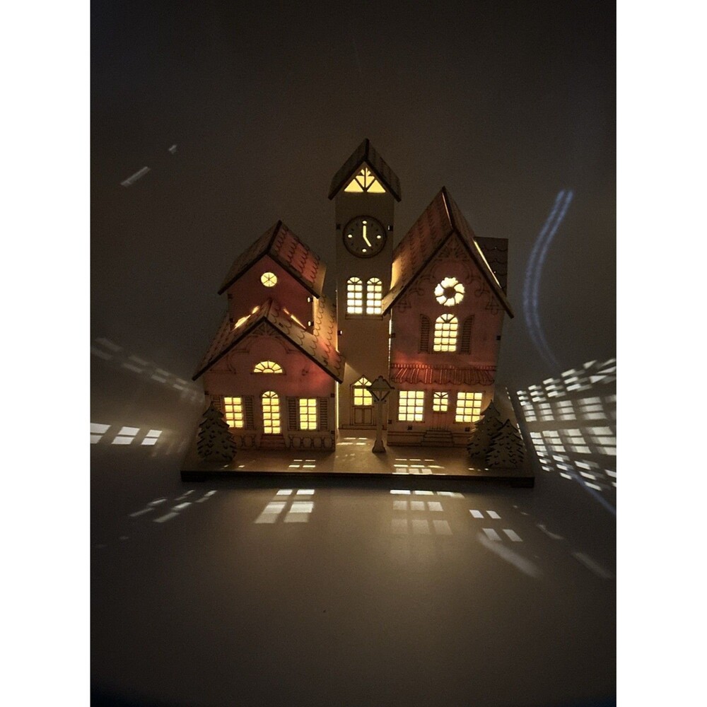 VTG Hallmark Light Up Christmas Village Scene Laser Cut Wood Scene Clock Tower